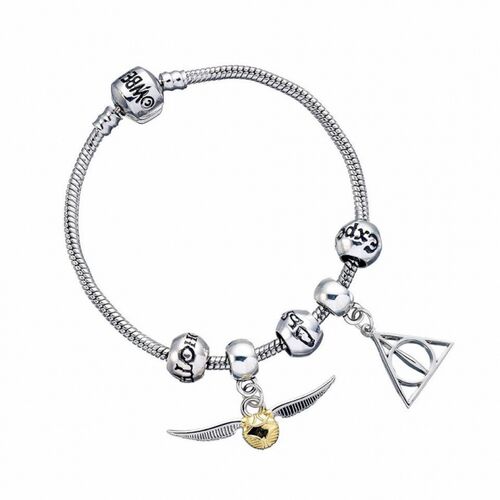 Harry Potter Charm Set-Silver Bracelet/Deathly Hallows/Snitch/ 3 Spellbeads