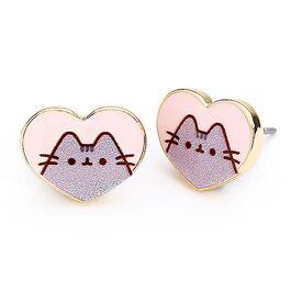 Pendientes dorados y esmaltados de coraznes rosa de Pusheen