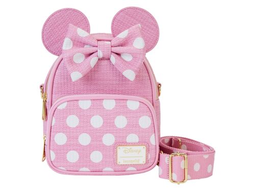 Mini Mochila Minnie Mouse efecto tela de paja rosa