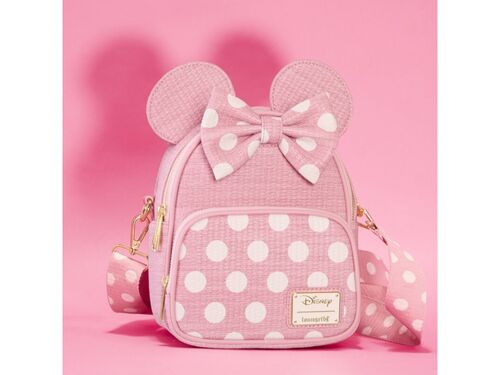 Mini Mochila Minnie Mouse efecto tela de paja rosa