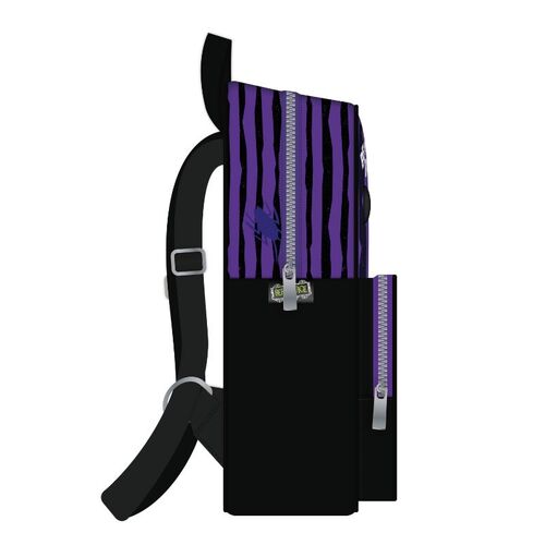 Mini Mochila de Beetlejuice morada y negra.