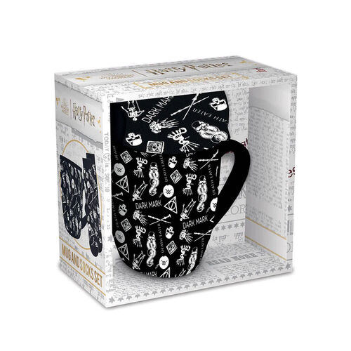 Set regalo con taza y calcetines Harry Potter simbolos Artes Oscuras en miniatura 315 ml y TU 36-41