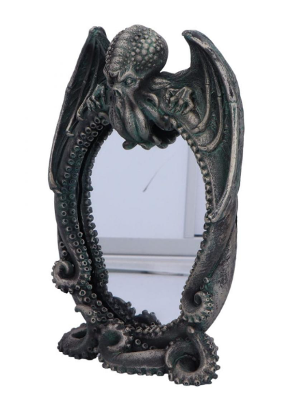 Cthulhu Stand Mirror Espejo, con una figura detallada de Cthulhu rodeando el espejo central. Sus alas siniestras y tentáculos sostienen el espejo, - 24.5 x 17 x 8