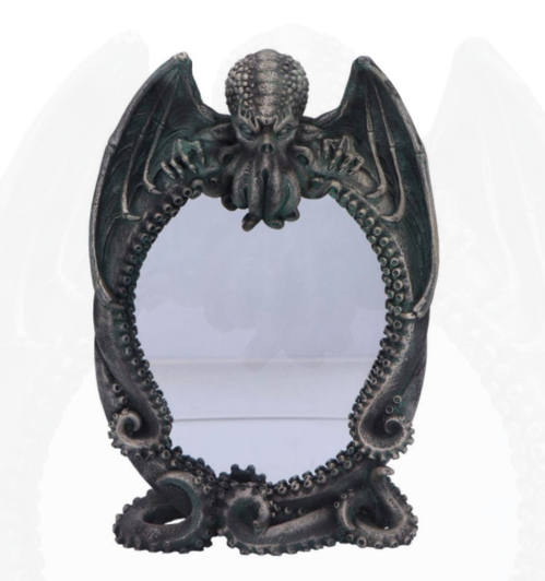 Cthulhu Stand Mirror Espejo, con una figura detallada de Cthulhu rodeando el espejo central. Sus alas siniestras y tentáculos sostienen el espejo, - 24.5 x 17 x 8