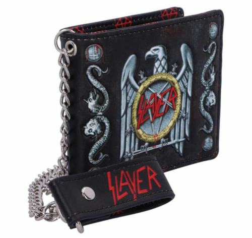 Cartera tarjetero con ilustraciones de Slayer. Cuenta con varias secciones para tarjetas y un compartimento grande para dinero. Está fabricada en PU y tiene unas dimensiones de 9 x 11 cm.