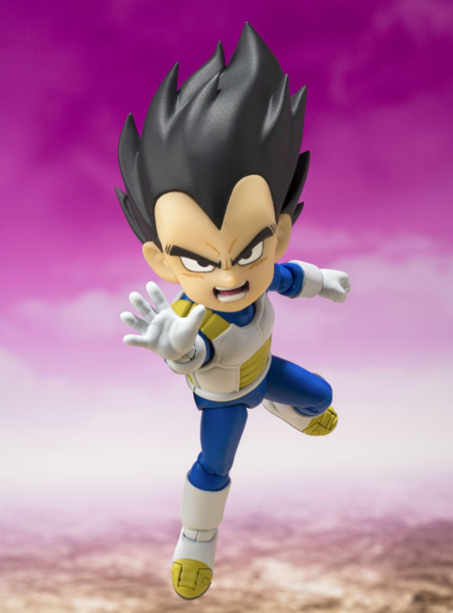 Tamashii Nations presenta, dentro de la colección S.H. Figuarts, la figura de Vegeta (Mini) -Daima-. Mide 7 cm y está basada en el personaje del anime "Dragon Ball Daima". Contiene 3x pares de manos, 3x expresiones faciales (enfadado, de combate y sonrien